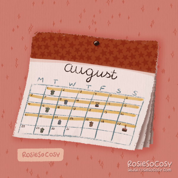 An illustration of a white wall calendar, showing the month August (of 2023). On the calendar are colour markings and icons. Mostly for birthdays and trash collecting days.