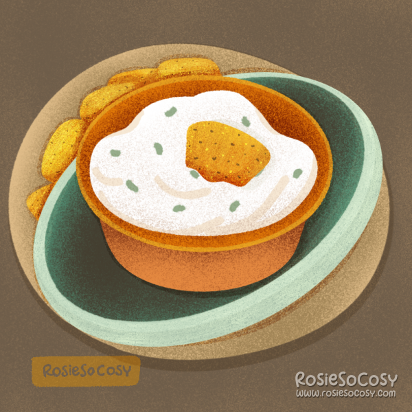 An illustration of a bowl with white dip in it, and nacho cheese tortilla chips on the plate below it.