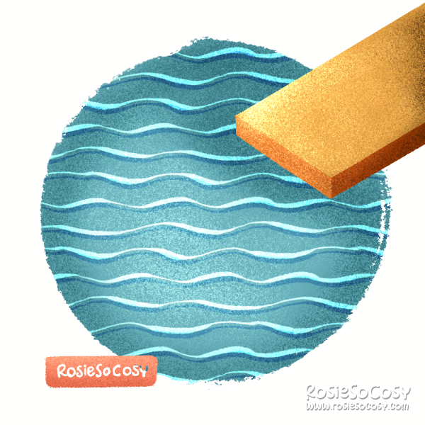 Round illustration of a blue body of water, like a pool, with an orangy divingboard hovering.