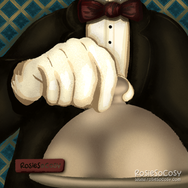 Illustration of a butler holding a serving tray with lid. The butler’s face and mostof the body falls outside of the drawing. Only part of the upper body and the right arm/hamd are visible. The butler is wearing white gloves and a burgundy red bow tie.