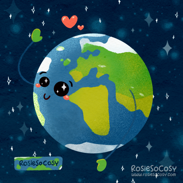 An illustration of earth. Earth has kawaii eyes and cheeks, is smiling and is waving at the stars in the distance.
