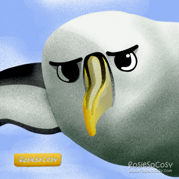 An illustration of a big white albatross bird looking at the camera.