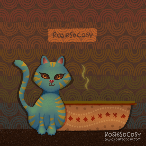 An illustration of a retro look kitty next to a cat litter box. The cat is a greenish blue with a yellowish stripey pattern. The litter box is orange with red floral details. The wallpaper is a retro rainbow pattern. There is a green smell coming from the litter box.