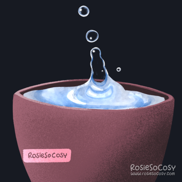 An illustration of a pink cup with a water like liquid splashing in it. Drops are splashing upwards. The background is a very dark blue, almost black.