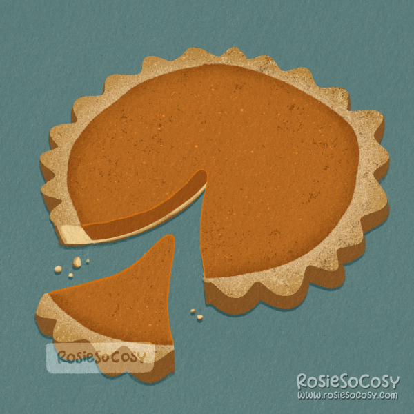 Illustration of a pumpkin pie with a piece of the pie next to it.