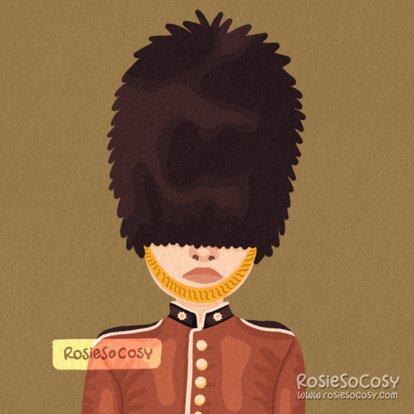 An illustration of a British guard. The guard has a fair skintone and pinkish lips, and is standing tall wearing black bearskin fur military headdress, as well as the typical red uniform with black and white details. 