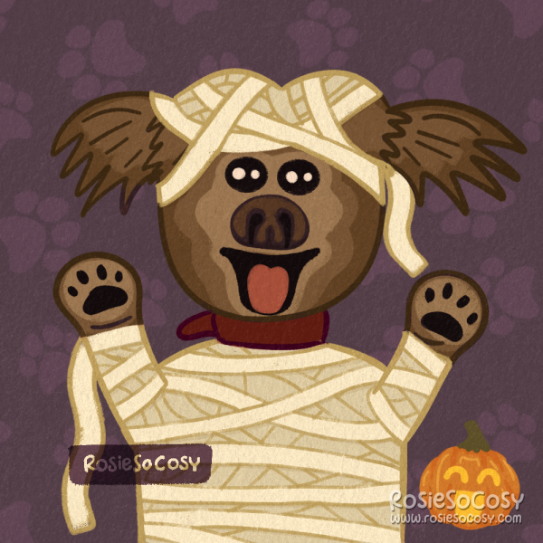 An illustration of Dodge, a mascotte/sidekick dog from Cbeebies. Dodge is disguised as a mummy for Halloween