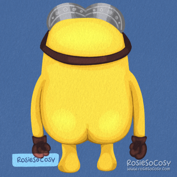 An illustration of a yellow Minion, with its back towards the viewer. The Minion is not wearing his regular outfit. He seems to be looking up. The Minion is wearing its glasses and gloves.