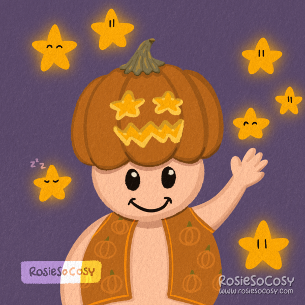 An illustration of Toad from the Mario games, but instead of his usual white hat with red circles, he is now wearing a pumpkin hat with starry eyes. His vest is the same orange with a pumpkin pattern. And the background is purple with typical Mario stars, one of which is sleeping.