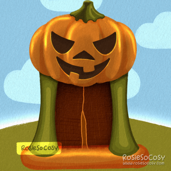 An illustration of an orange and green bounce castle with a huge Jack o' Lantern pumpkin on top.