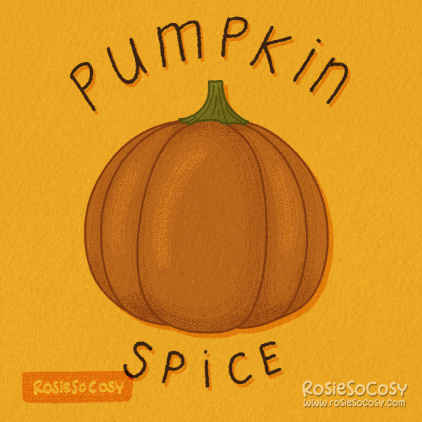 An illustration of an orange pumpkin on a yellow background, with the text "pumpkin" above it, and "spice" below it.