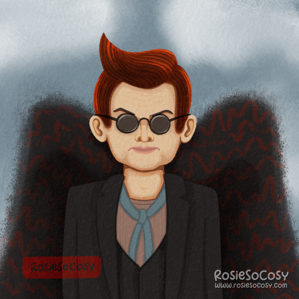 An illustration of the character Crowley from Good Omens, as portrayed by David Tennant.