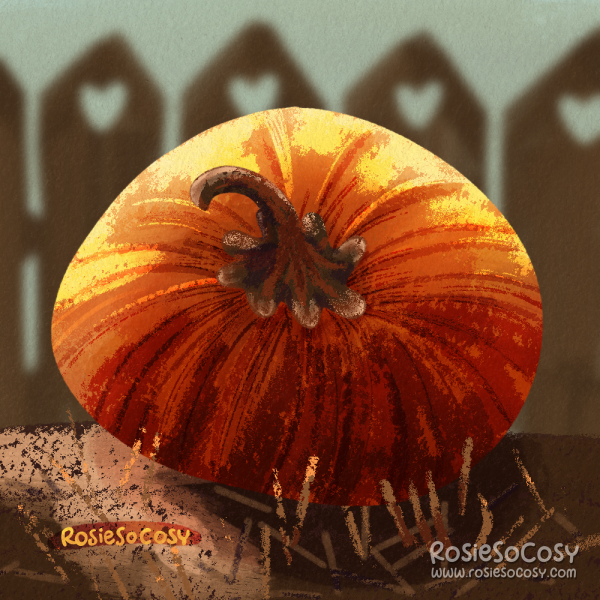 An illustration of a plump orange pumpkin on the ground. In the background there is a blurred brown fence with hearts.