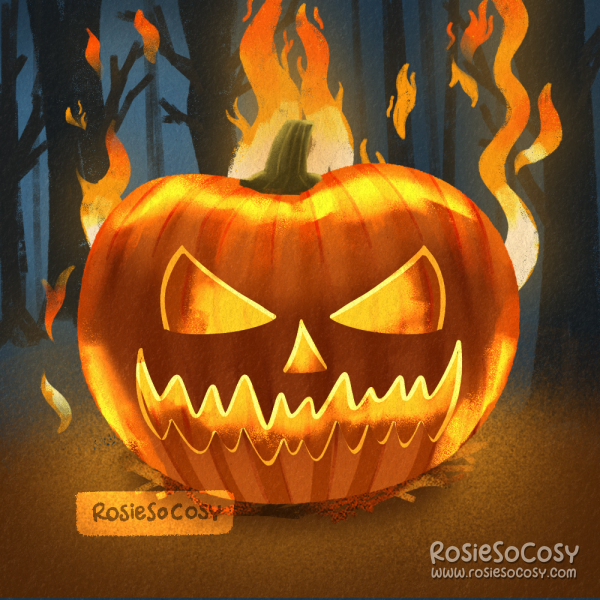 An illustration of a huge orange Jack-o-Lantern carved pumpkin with fire around it. In the background you can see a dark, bluish forest with some trees.