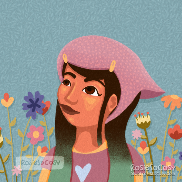 Illustration of a young teen with very dark brown long hair, with seafoam ends, wearing a light pink head scarf tucked away behind her ears and fixed with two yellow clips. She is weating a yellow longsleeve shirt, with a pink t-shirt on top of it, with a light blue heart print. She is stamding amidst a range of pastel coloured flowers.