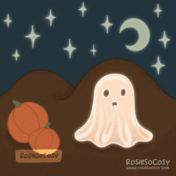 Illustration of a starry night with a ghost and a couple of pumpkins.