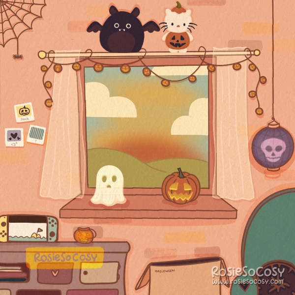 An illustration of a pastel pink room, with Halloween decorations all over. There is a big window with a sunset and clouds. 