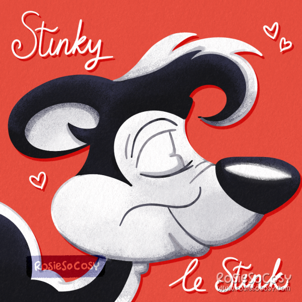 An illustration of Pepé Le Pew, rendered in my own version as Stinky Le Stink.