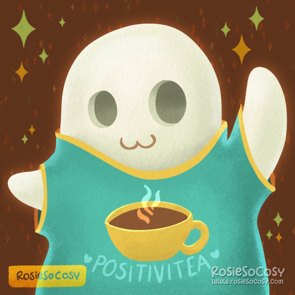 An illustration of a cute ghost, waving and smiling, and wearing a seafoam t-shirt with a yellow tea cup with the text "positivitea" below it.