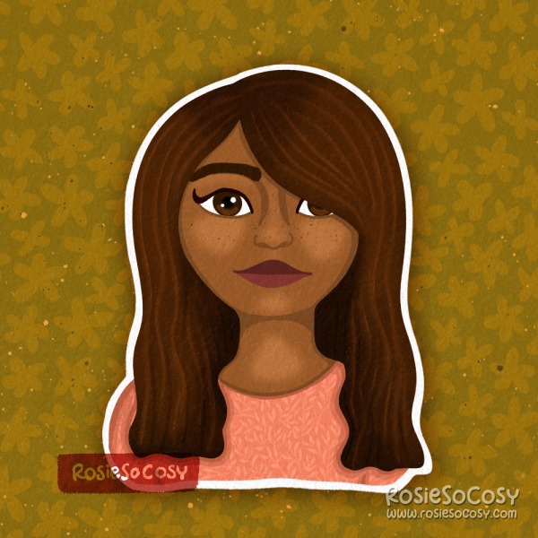 An illustration of a sticker. It’s a portrait of a young woman with a medium to dark skin colour, auburn brown hair and dark brown eyes. She has feeckles on her face, and black eyeliner. She has a neutral look on her face. She is wearing a pink floral jumper.