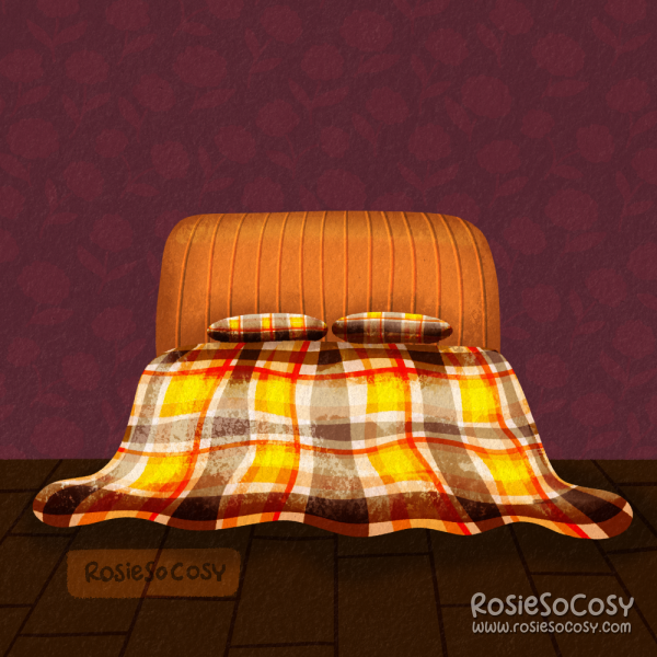 An illustration of a bed with an orange headboard, and a brown with red and yellow plaid duvet. The duvet is hanging off the bed, spread over the floor.