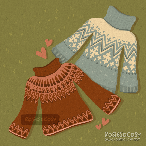 An illustration of two Nordic style jumpers/sweaters. One is red with pink details, the other is blue with cream coloured details.