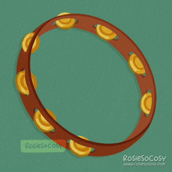 An illustration of a brown tambourine with gold accents.