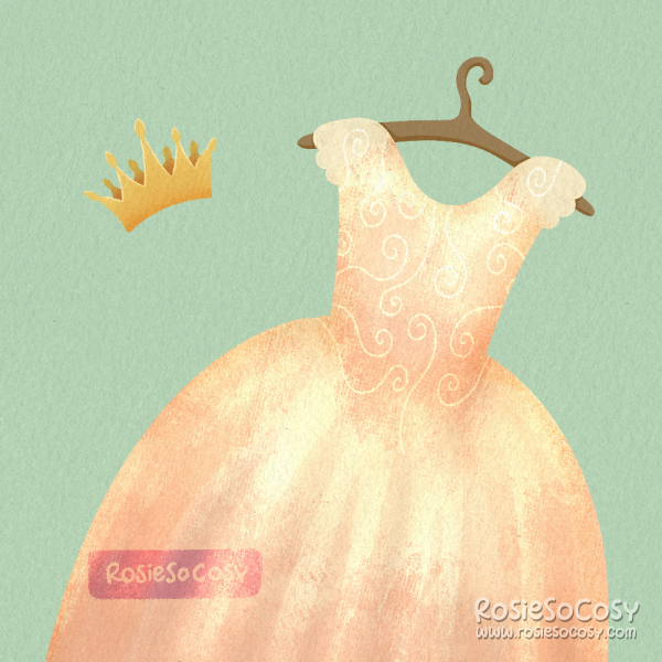 An illustration of a soft pink princess dress, on a coat hanger, with a golden crown next to it.