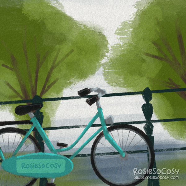 An illustration of a turquoise bicycle near a Dutch canal, with trees in the background.
