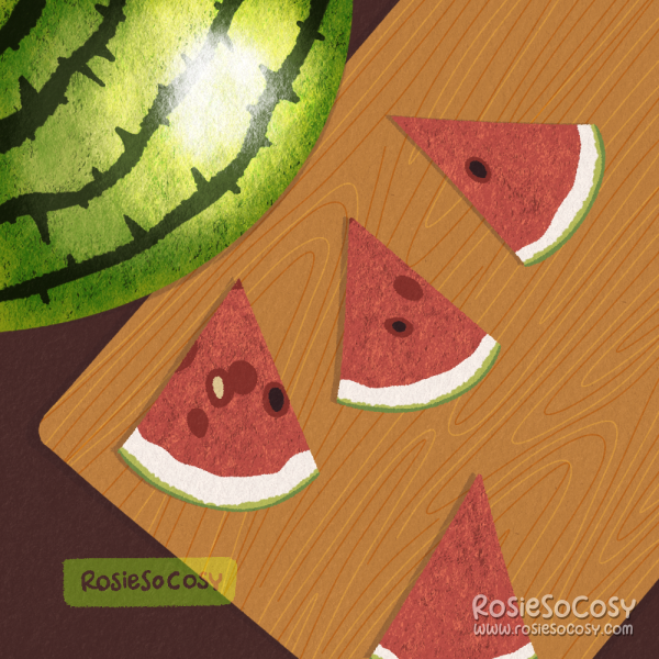 An illustration of a big green watermelon, and several slices of red watermelon on a wooden cutting board.