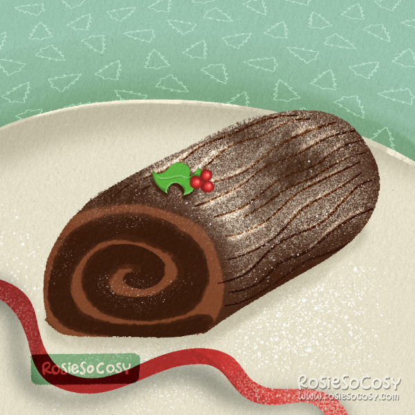 An illustration of a dark brown chocolate yule log, with some holly on top.