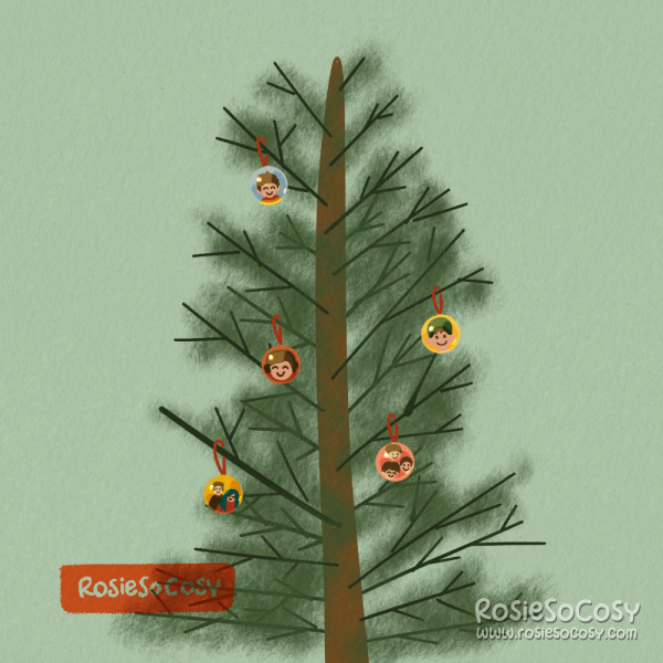 An illustration of a bare Christmas tree, with five Christmas baubles with photos in them.