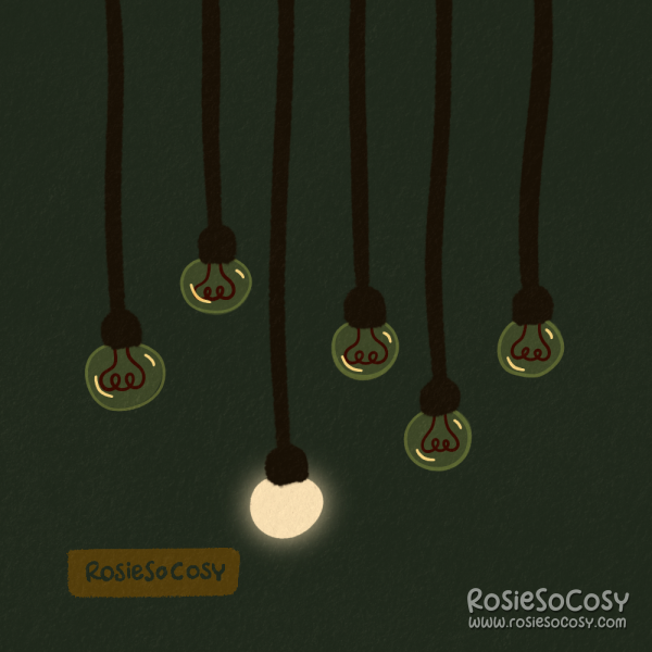 An illustration of six hanging lightbulbs, one of which is lit.