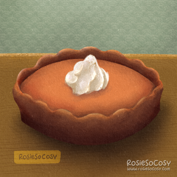 An illustration of pumpkin pie with a dollop of whipped cream on top. The pie is on a wooden table. In the background you can see a seafoam coloured wallpaper on the wall.