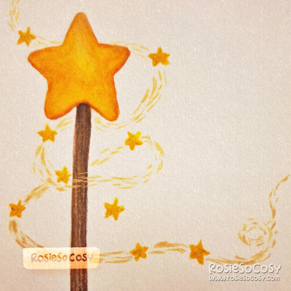 An illustration of a wooden wand with a star at the end of the wand, with sparkly stars trailing all around it.