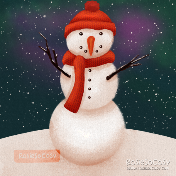 Illustration of a snowman wearing a red wooly hat, as well as a red scarf. It's night outside, and if you look closely, you can see Aurora Borealis in the background.