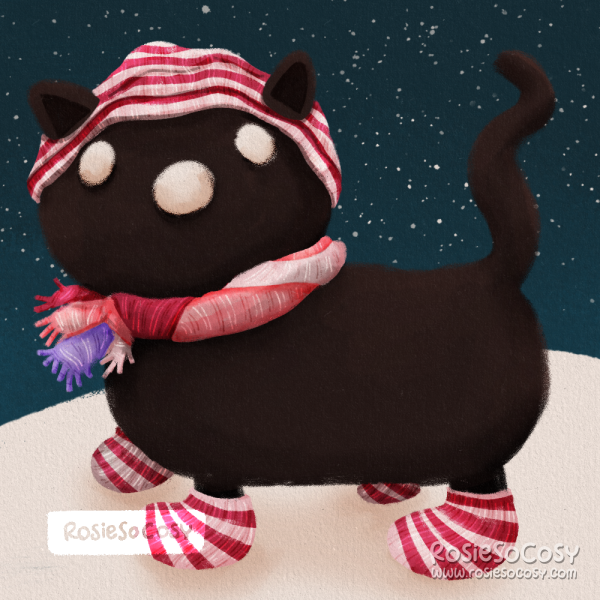 Illustration of Siepie, a black cat, outside playing in the snow. Siepie is wearing a red and white striped beanie, with matching socks and "mittens" on its feet. The scarf has similar colours, but a different stripey pattern.