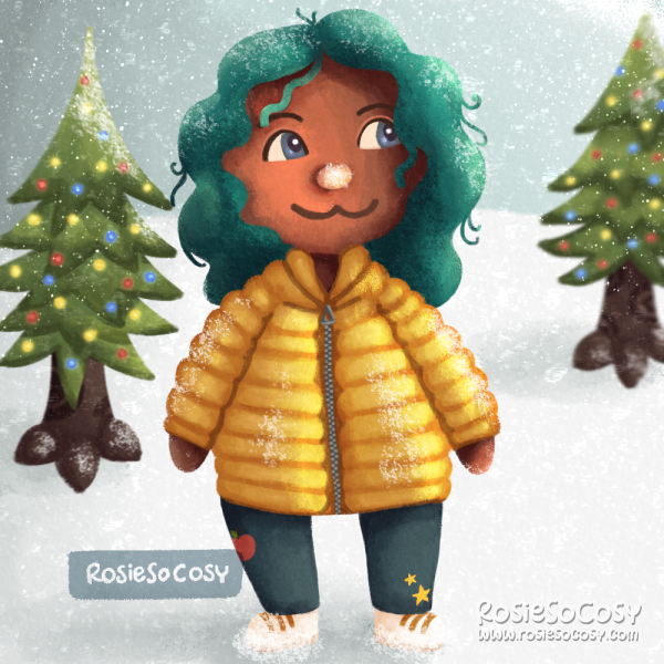 Illustration of a character in Animal Crossing style. She has dark skin, turquoise hair and grey eyes. She is walking in a snowy landscape with festive cedar trees around her. She is sporting a ochre yellow puffy down jacket, dark blue jeans with iron-on patches; an apple on her right leg, two stars on her left leg. She has very white sneakers with ochre Adidas style stripes. Her hair and nose are covered in snow.
