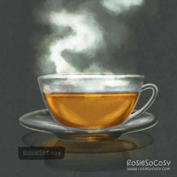 Illustration of a glass tea cup and saucer.