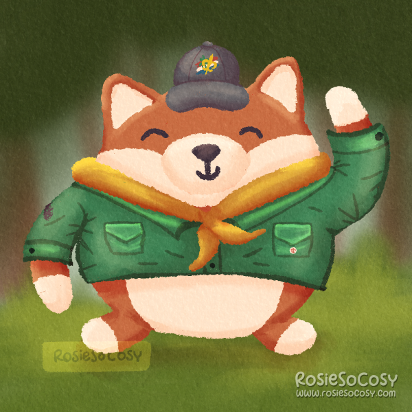 Illustration of a chonky, orange fox in a green scout outfit, with yellow tie/scarf. The fox is also wearing a grey baseball cap, with the Dutch scouting logo on it. In the background is a blurry forest scene.