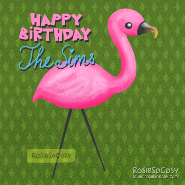 Illustration of a bright pink garden flamingo, on a green field of grass with a plumbob pattern. In the top left it says "happy birthday The Sims"