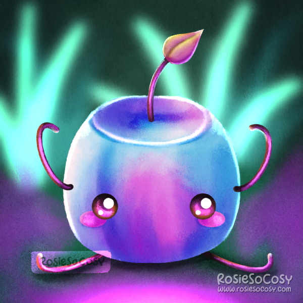 An illustration of a periwinkle Junimo creature from Stardew Valley. It appears to be looking at something that's emitting magenta glow/light. Whatever could that be?