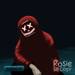 Illustration of a creepy looking person squatting on the asphalt outdoors. It is really dark out. The person has their head tilted, and is wearing a red hoodie and a neon face mask, covering their entire face. The eyes are crossed out, and the mouth looks likeit has been stitched.