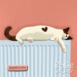 Illustration of a creamy white cat, with dark brown ears, a dark brown tail and a heart shaped dark brown patch on its body. The cat is spread out on top of a pale blue radiator.