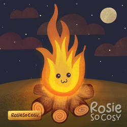 Illustration of a cute bonfire or campfire at night. The bonfire has a cute face with glossy eyes. The flames have a yellow/orange glow reflecting om the logs and the grass below it. The moon and stars are clearly visible in the night sky.
