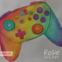 A watercolour painting of a rainbow Nintendo Switch Pro Controller.