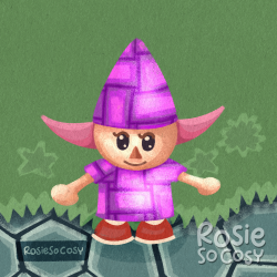 A girl character in Animal Crossing doing morning aerobics at the Wishing Well. She is wearing a pinkish purple outfit and same colour pointy hat, she has light pink hair and is wearing red shoes. She is waving her arms around. Below her are stone pavers and behind her is green grass.