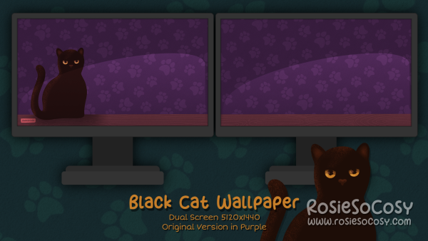 "Salem" Black Cat. Dual Screen Wallpaper (5120x1440). Original Version. Purple Background. Created by RosieSoCosy aka Rosana Kooymans 