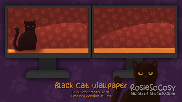 "Salem" Black Cat. Dual Screen Wallpaper (5120x1440). Original Version. Red Background. Created by RosieSoCosy aka Rosana Kooymans 