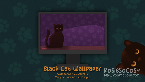 "Salem" Black Cat. Widescreen Wallpaper (2560x1440). Original Version. Purple Background. Created by RosieSoCosy aka Rosana Kooymans 